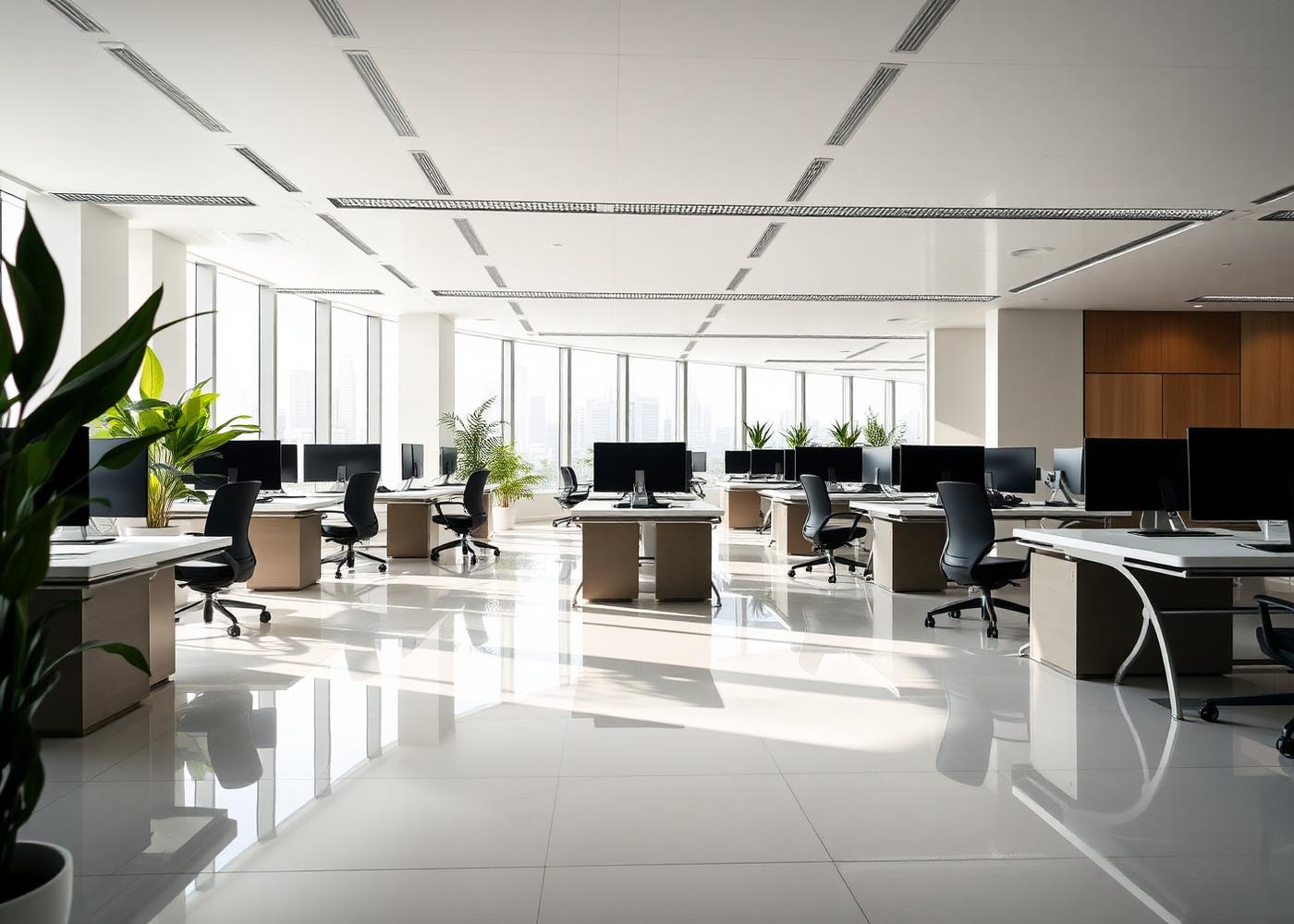 Clean modern open-plan office with polished floors and natural light